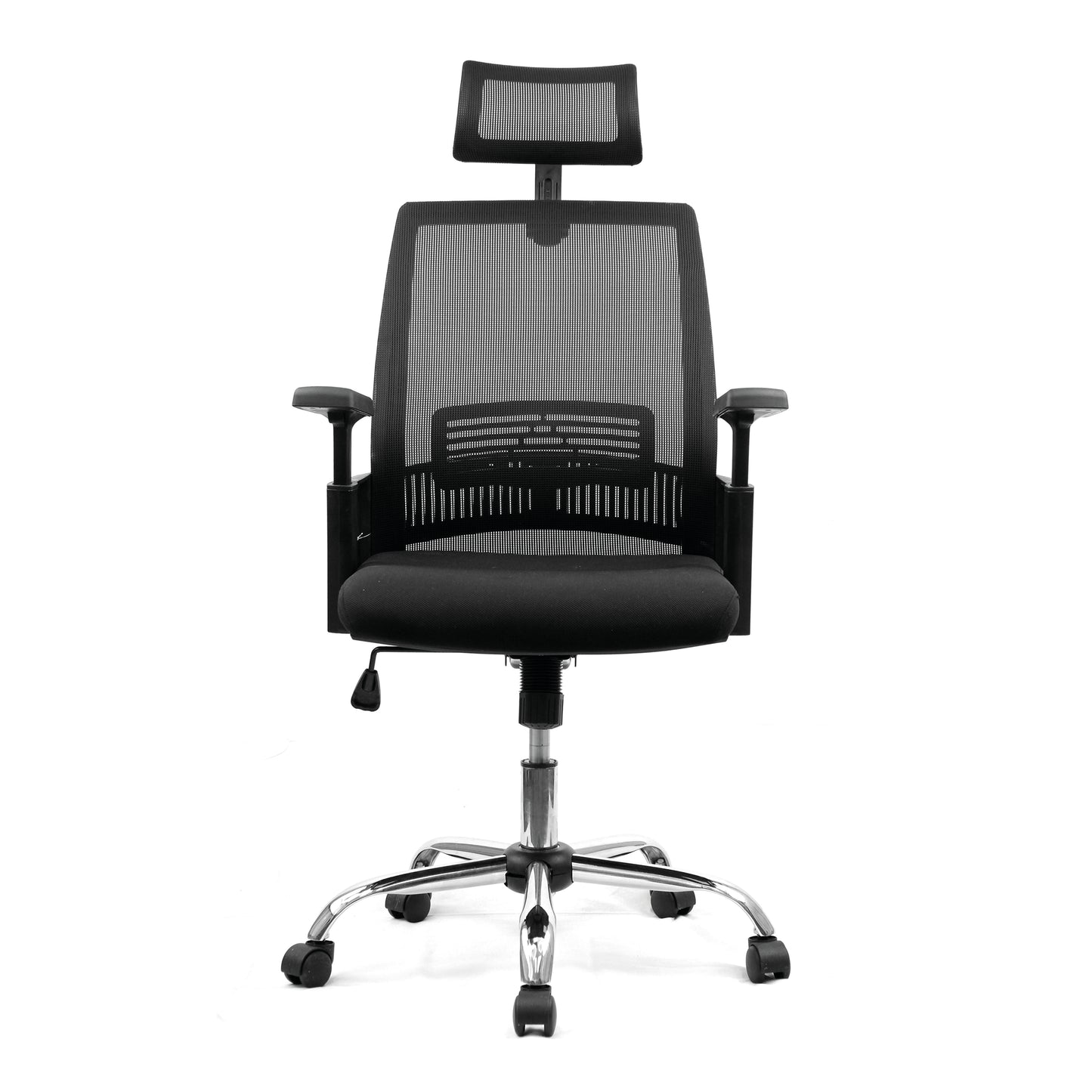 Black office chair with mesh back and headrest on a white background