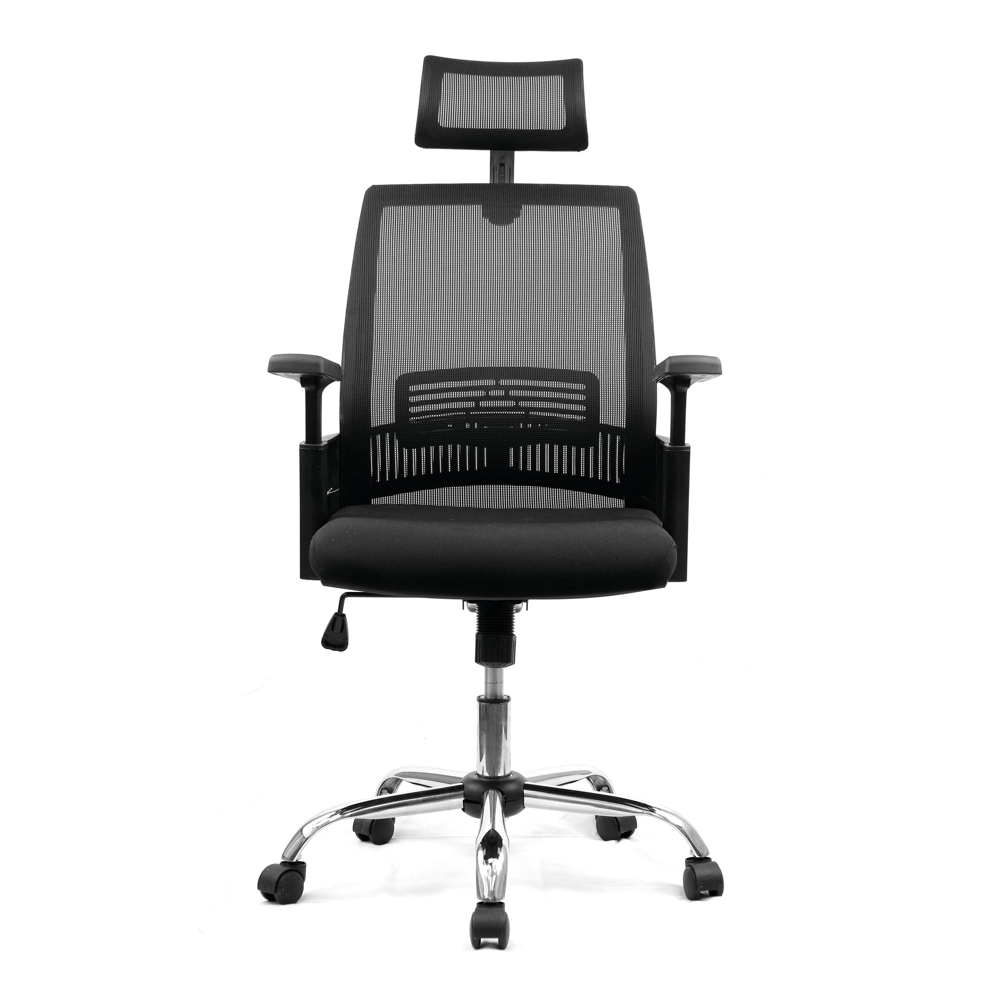 Black office chair with mesh back and headrest on a white background