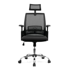 Black office chair with mesh back and headrest on a white background