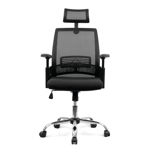 Black office chair with mesh back and headrest on a white background