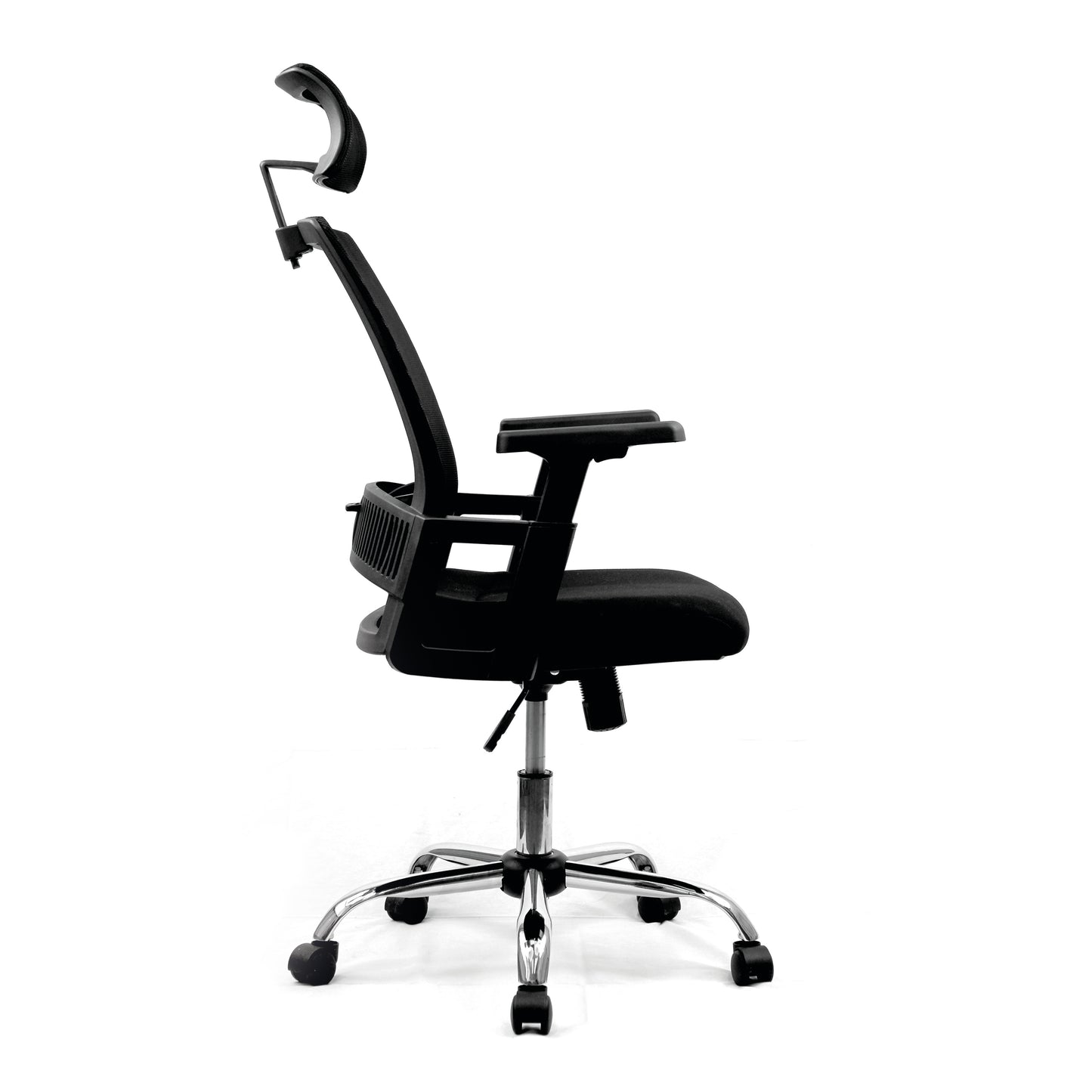 Black office chair with adjustable armrests on a white background
