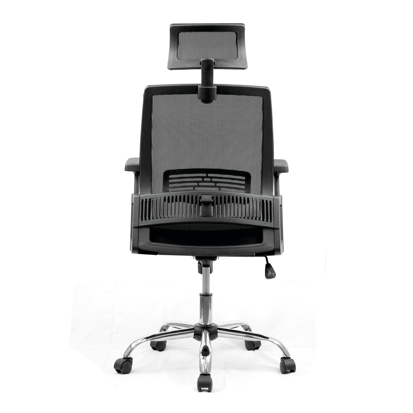 Black office chair with mesh backrest on a white background