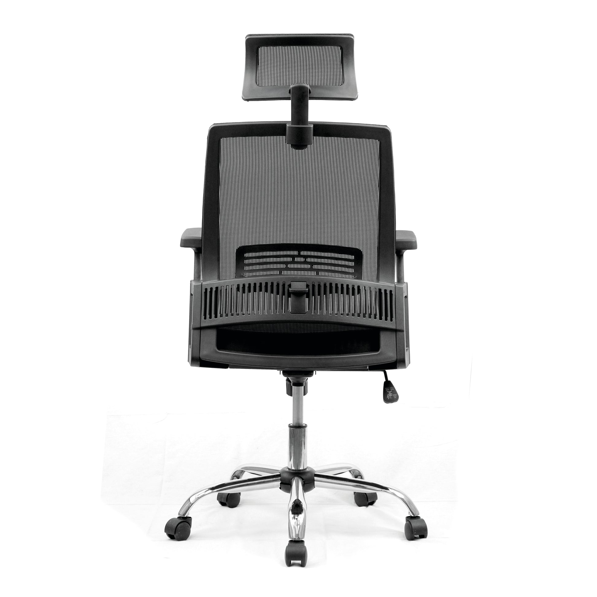 Black office chair with mesh backrest on a white background