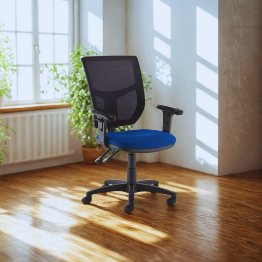 Blue office chair in a bright room with sunlight streaming through the windows.