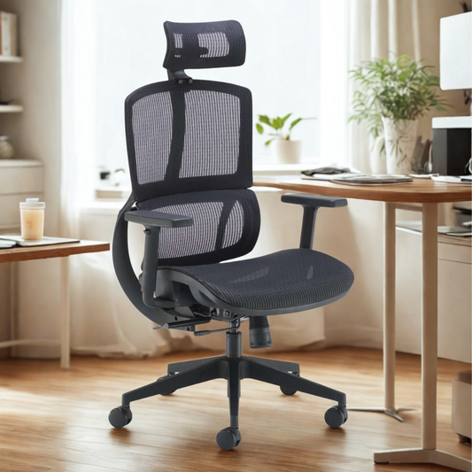 Ergonomic office chair in a home office setting with a desk and decor.