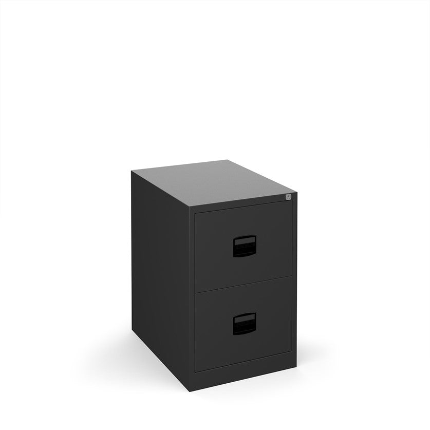 A black vertical filing cabinet with two drawers, a lock mechanism on the top drawer, and a grey countertop on top.
