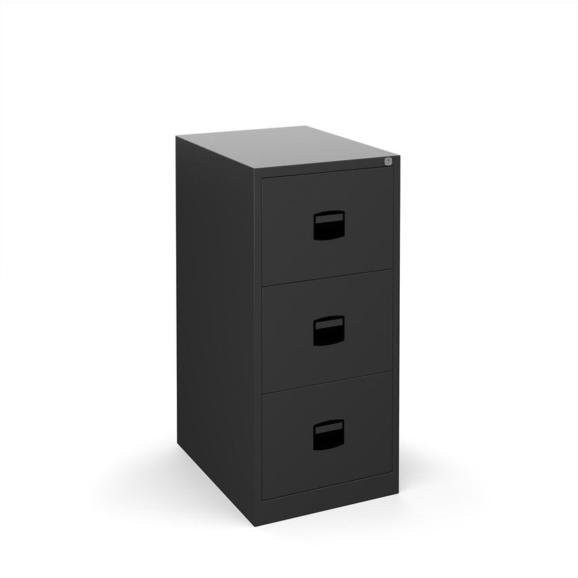 A black vertical filing cabinet with two drawers, a lock mechanism on the top drawer, and a grey countertop on top.