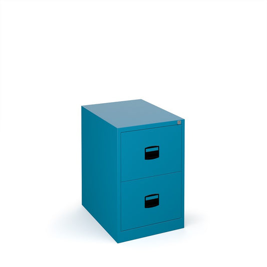 A blue vertical filing cabinet with two drawers, a lock mechanism on the top drawer, and a grey countertop on top.