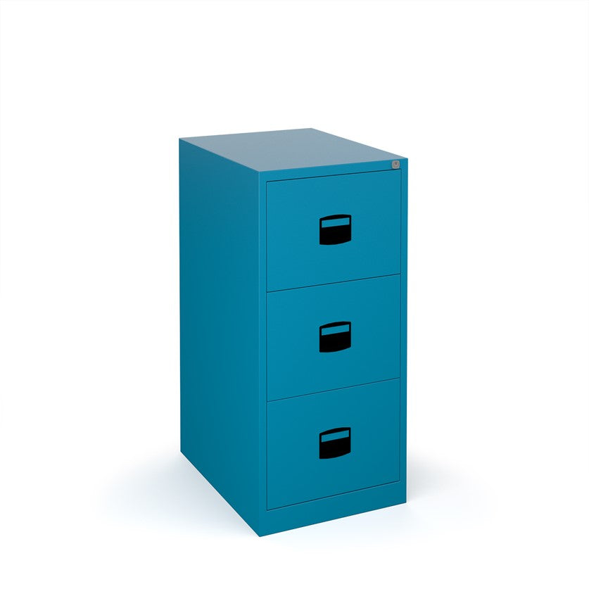 A blue vertical filing cabinet with two drawers, a lock mechanism on the top drawer, and a grey countertop on top.