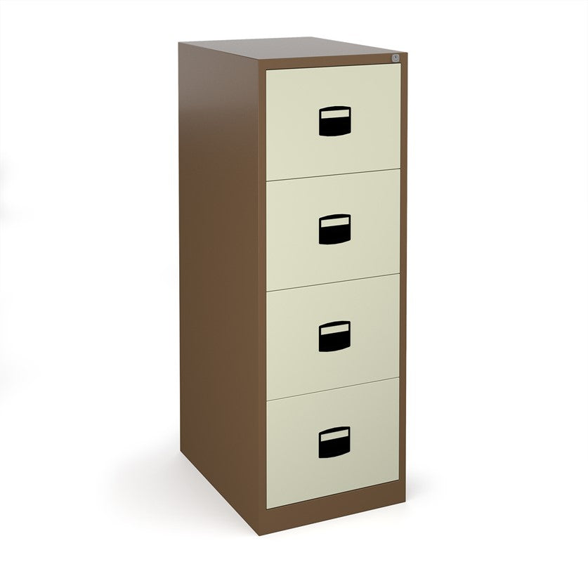 Anti-tilt filing cabinets in cream and brown. 