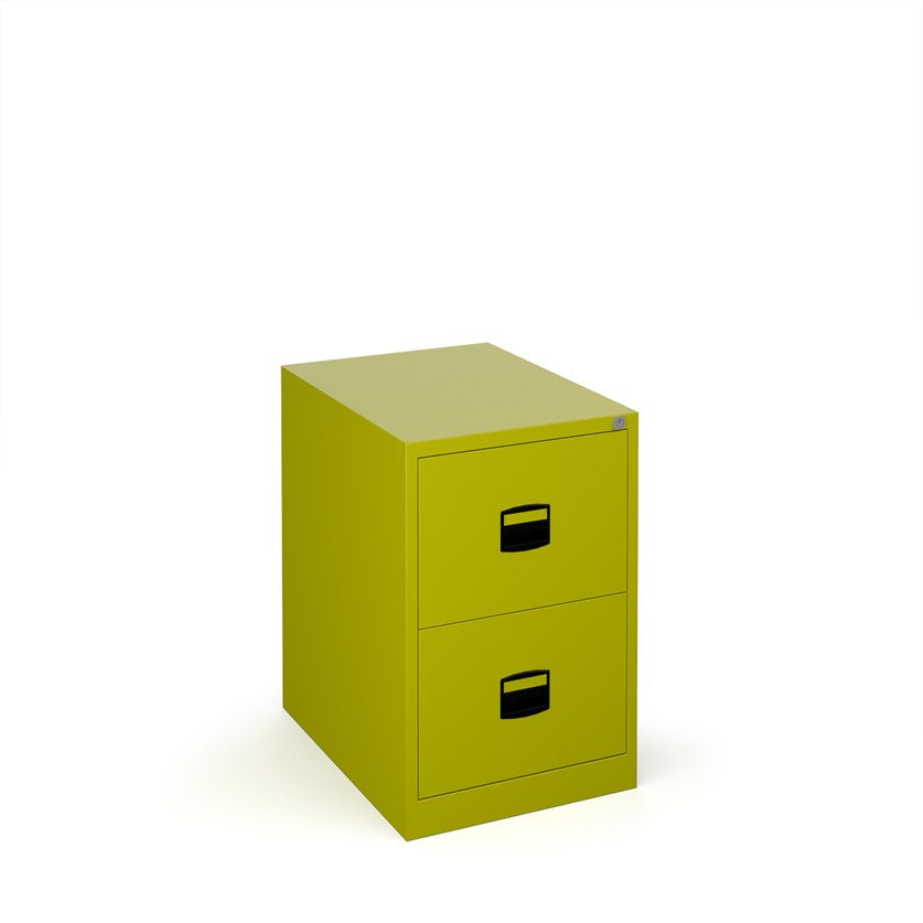 A green vertical filing cabinet with two drawers, a lock mechanism on the top drawer, and a grey countertop on top.