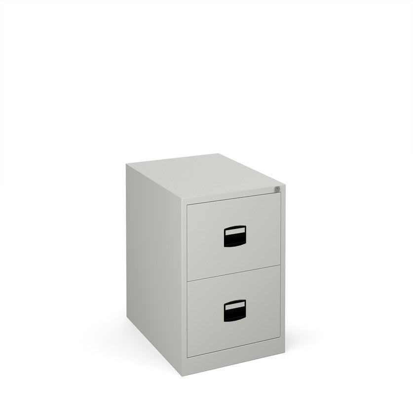 A grey vertical filing cabinet with two drawers, a lock mechanism on the top drawer, and a grey countertop on top.