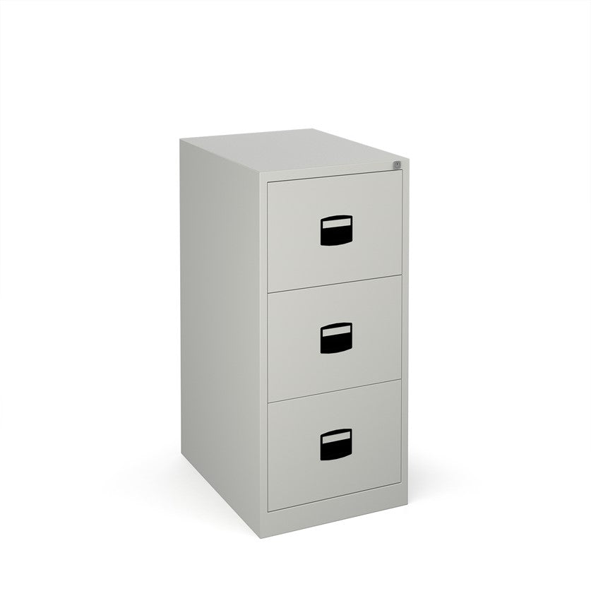 Anti-tilt filing cabinets in grey. 