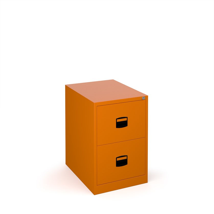 A orange vertical filing cabinet with two drawers, a lock mechanism on the top drawer, and a grey countertop on top.
