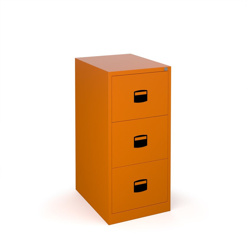 Anti-tilt filing cabinets in orange. 