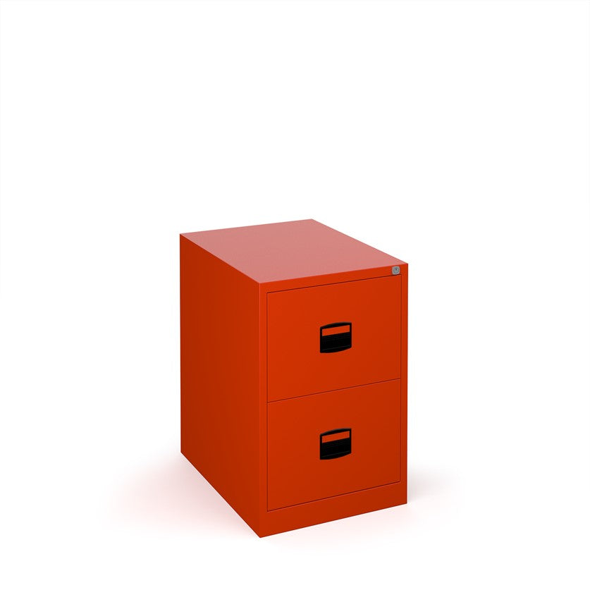 A red vertical filing cabinet with two drawers, a lock mechanism on the top drawer, and a grey countertop on top.
