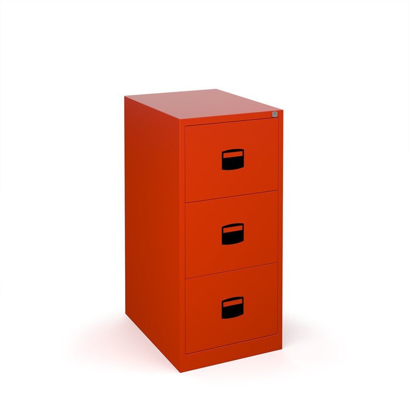 Anti-tilt filing cabinets in red.
