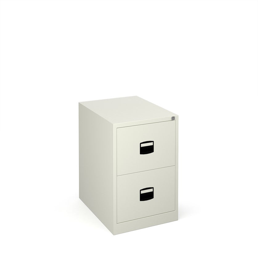 A white vertical filing cabinet with two drawers, a lock mechanism on the top drawer, and a grey countertop on top.