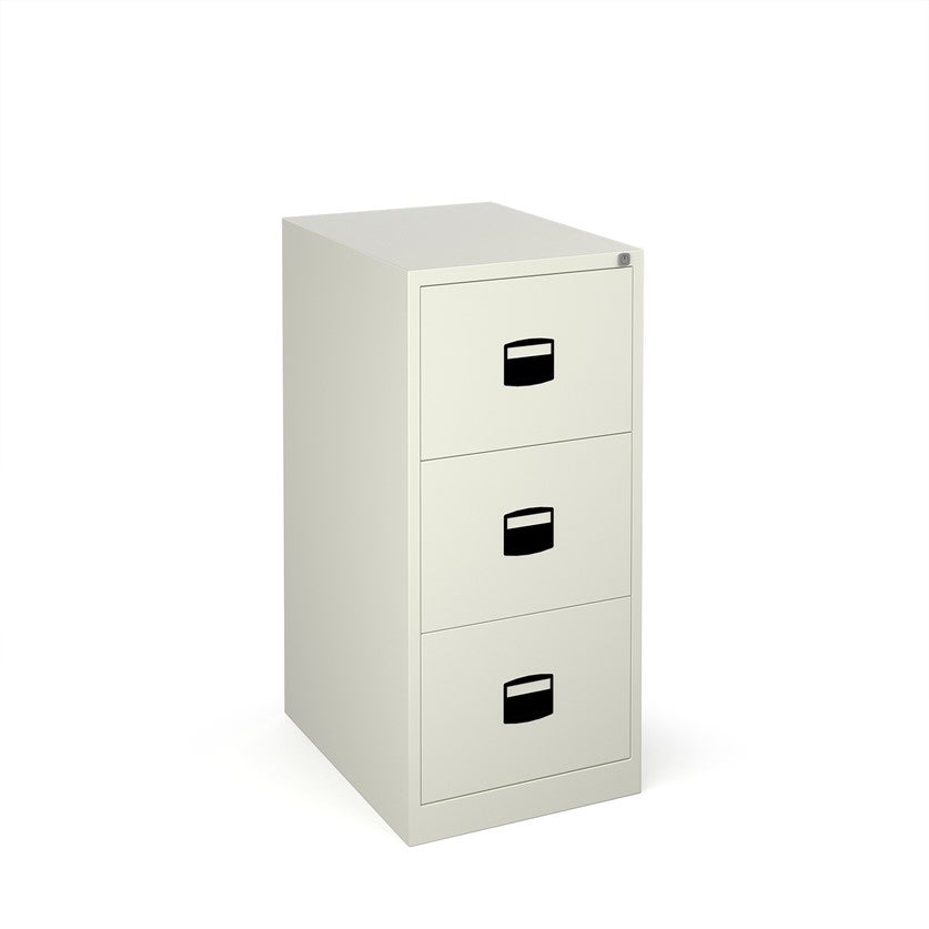 Anti-tilt filing cabinets in white.