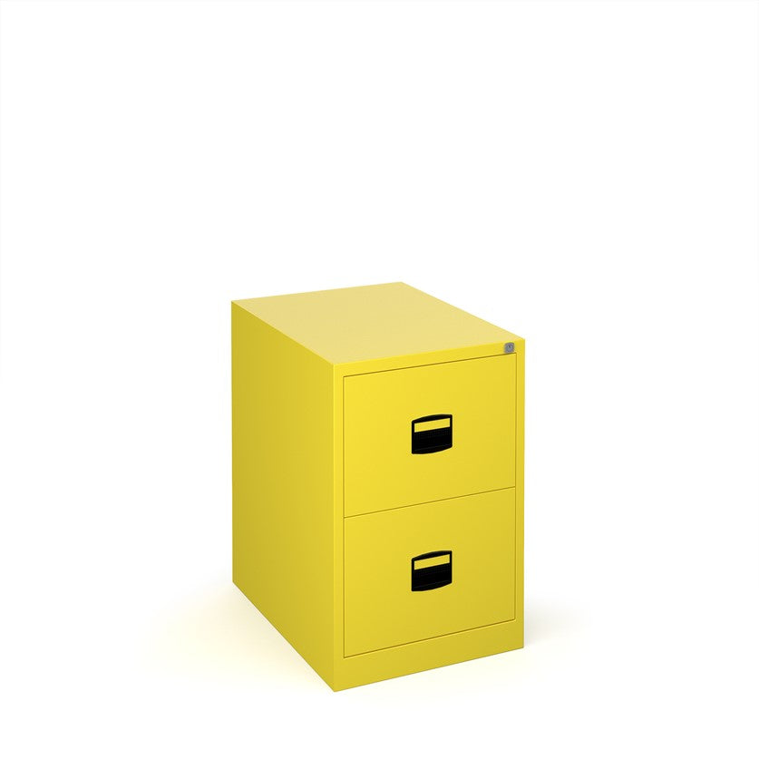 A yellow vertical filing cabinet with two drawers, a lock mechanism on the top drawer, and a grey countertop on top.