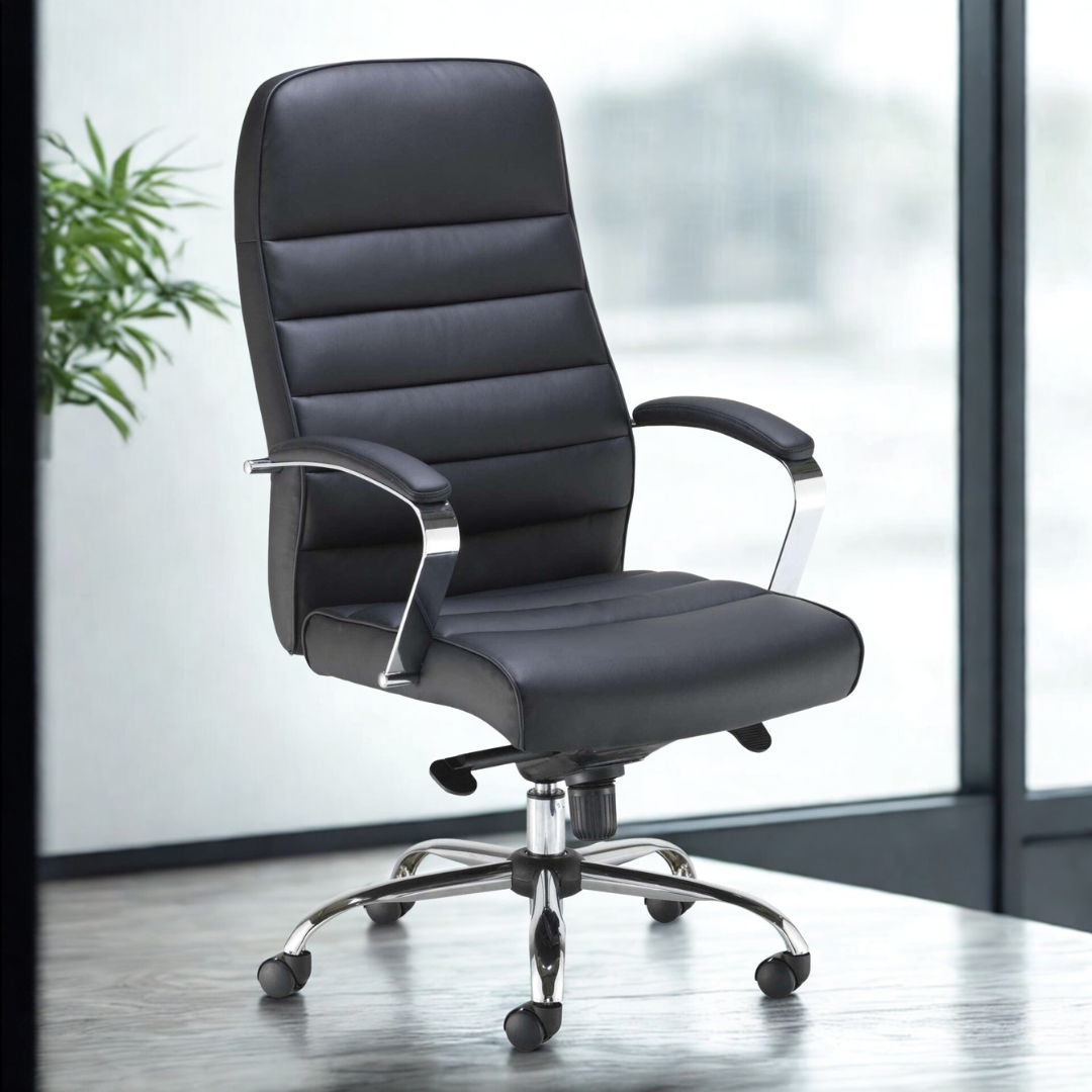Black office chair with chrome base in a modern office setting