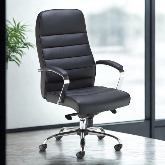 Black office chair with chrome base in a modern office setting