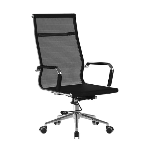 Black office chair with mesh backrest on a white background