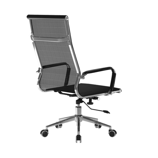 Black office chair with mesh backrest on a white background