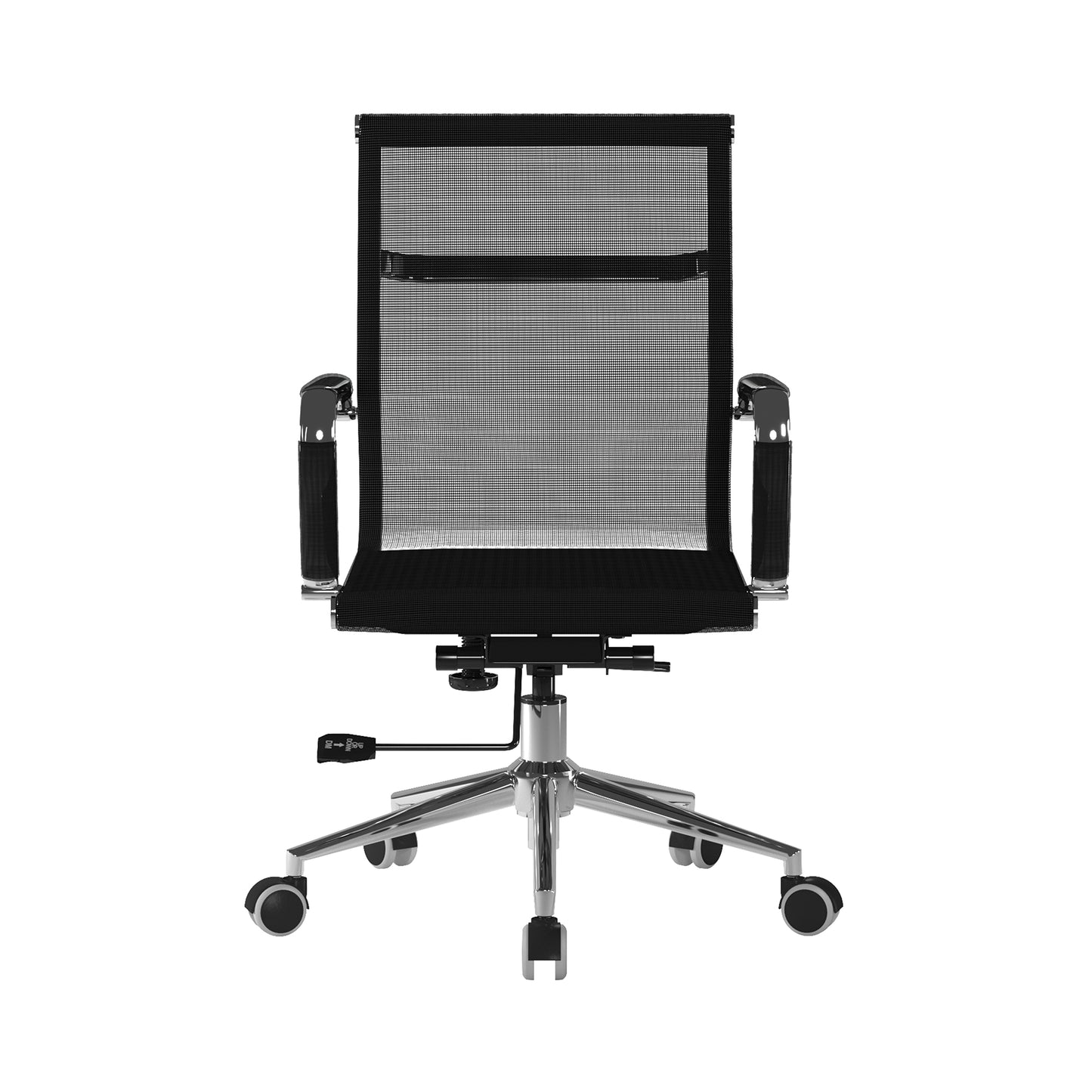 Black office chair with mesh back on a white background