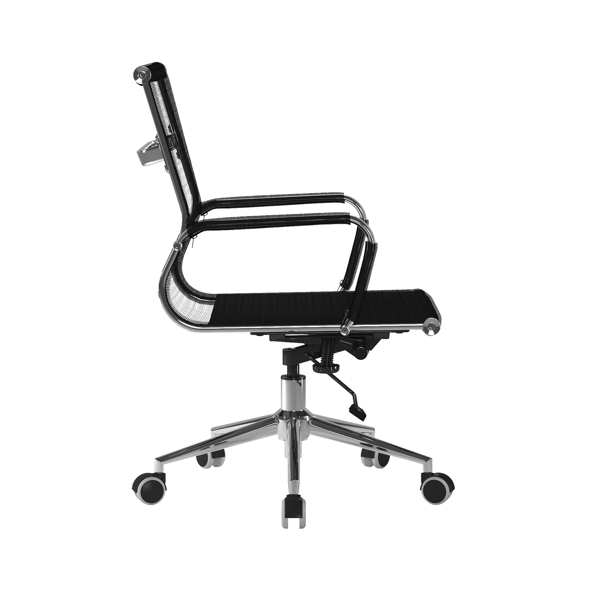Black office chair with chrome frame on a white background