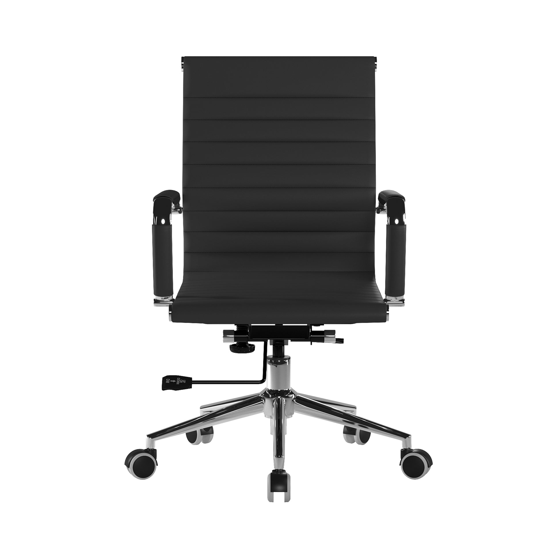 Black office chair with ribbed backrest on a white background
