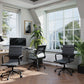 Modern office with black chairs, a desk, and large windows.