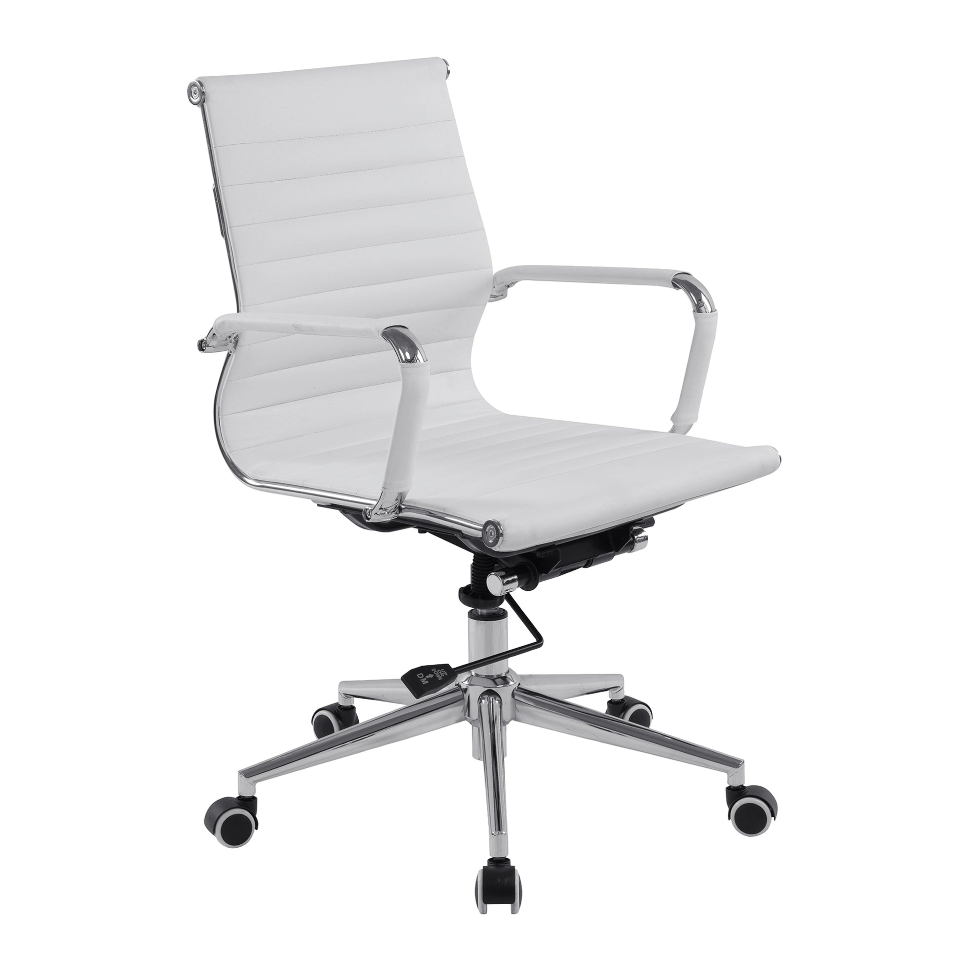 White office chair with a high back and armrests on a white background