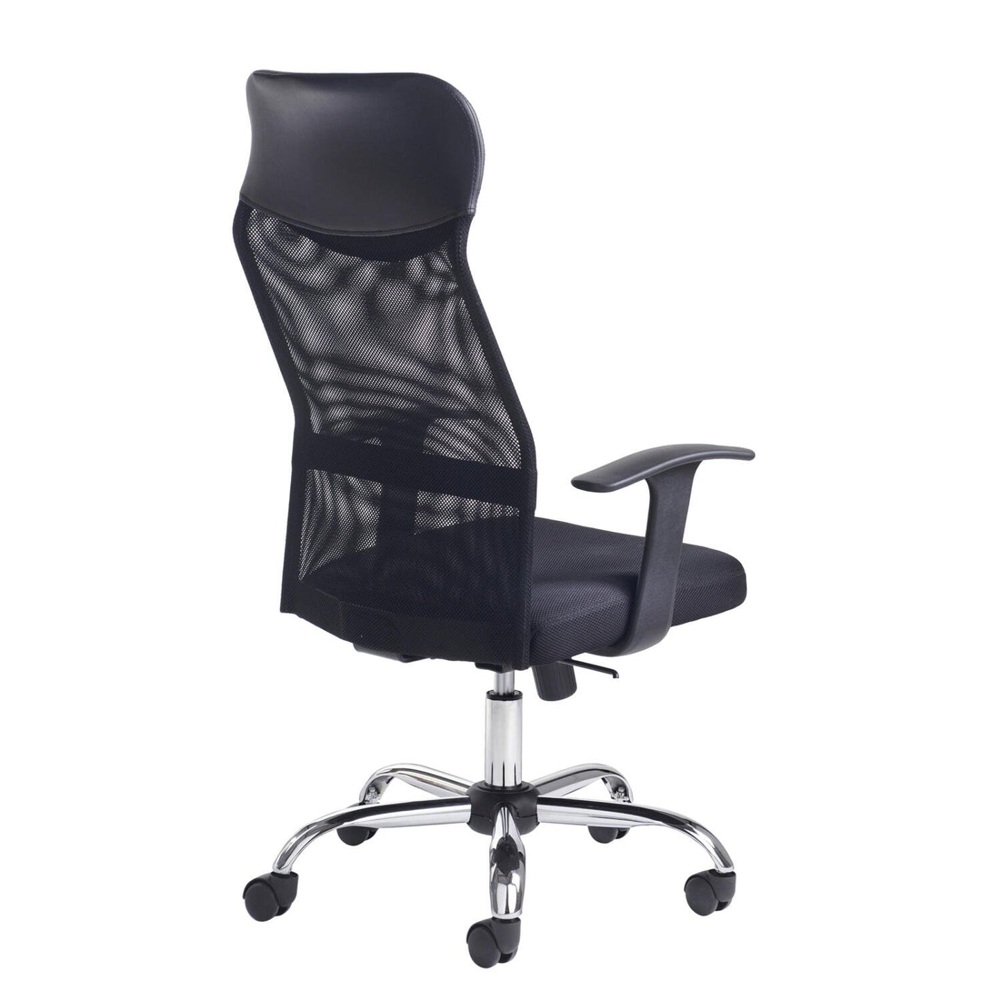Black office chair with mesh back and chrome base on a white background