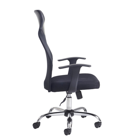 Black office chair with adjustable armrests on a white background