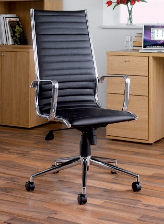 Black office chair with chrome accents in an office setting