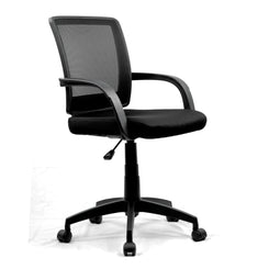 Black office chair with mesh back on a white background