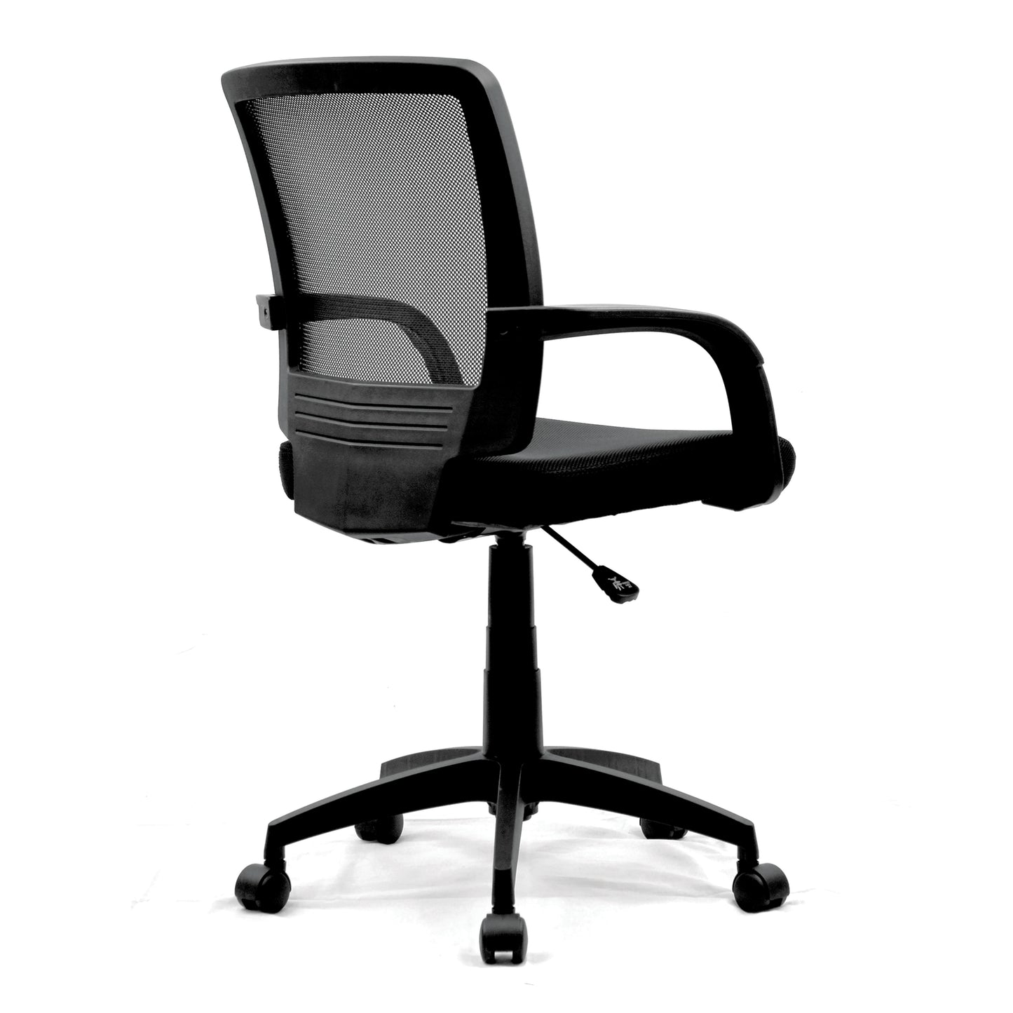 Black office chair with mesh backrest on a white background