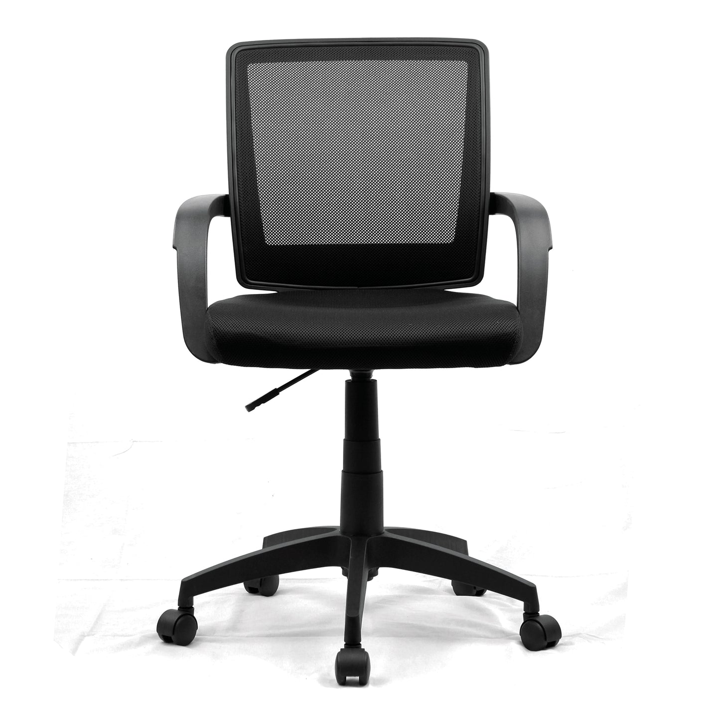 Black office chair with mesh back on a white background