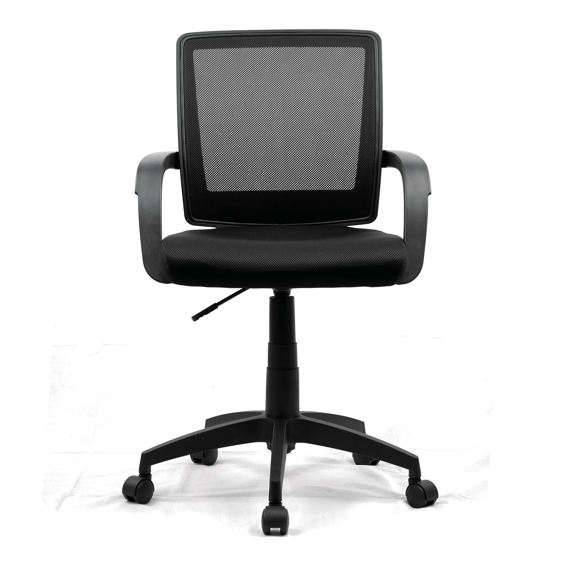 Black office chair with mesh back on a white background