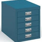 Blue metal file cabinet with multiple drawers on a white background
