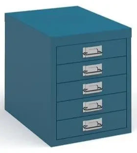 Blue metal file cabinet with multiple drawers on a white background