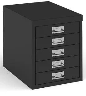 Black metal file cabinet with multiple drawers on a white background
