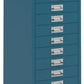 Blue metal filing cabinet with multiple drawers on a white background