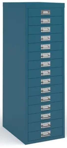 Blue metal filing cabinet with multiple drawers on a white background