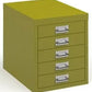 Green metal filing cabinet with multiple drawers on a white background