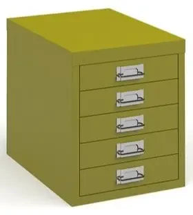 Green metal filing cabinet with multiple drawers on a white background