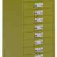 Green metal cabinet with multiple drawers on a white background