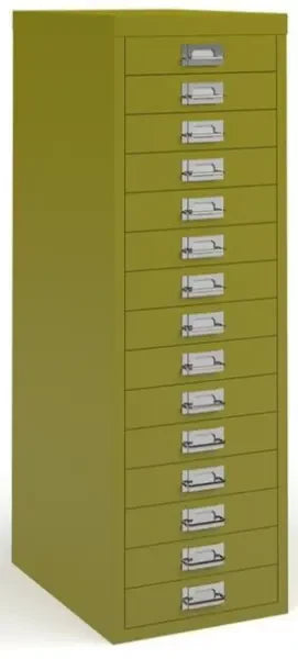 Green metal cabinet with multiple drawers on a white background