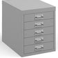 Gray metal filing cabinet with multiple drawers on a white background